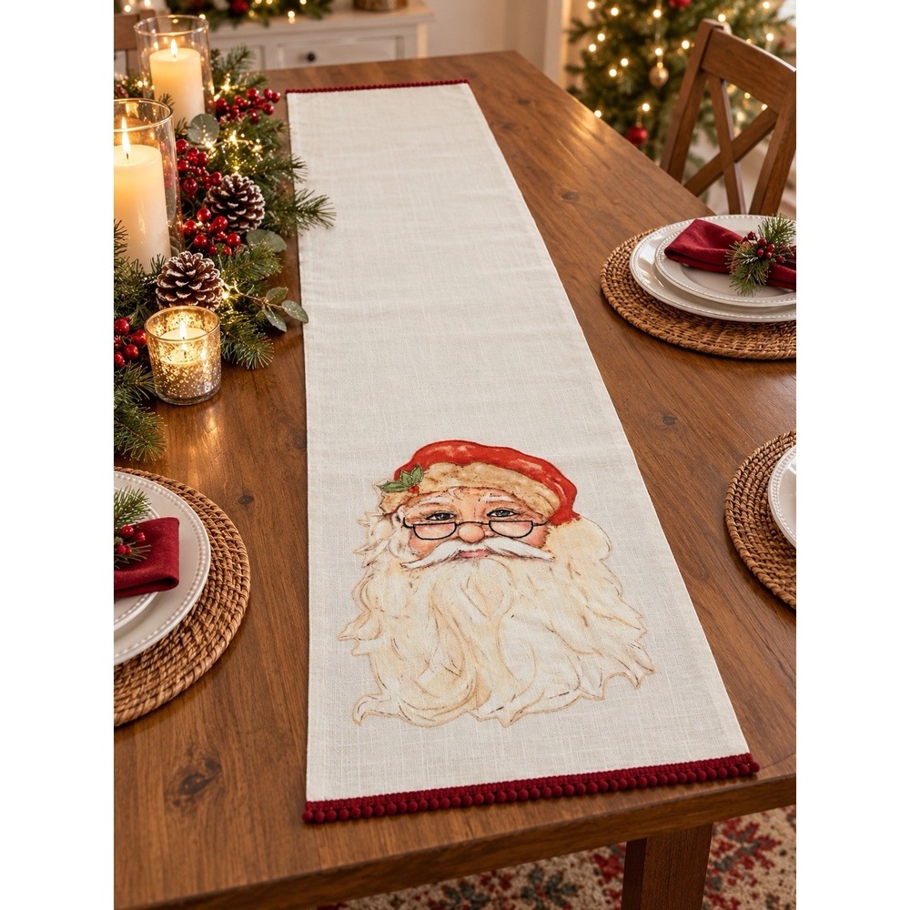 Oak Street Santa Christmas Table Runner 14x56 Cotton Appliqué Pom Pom Trim #3